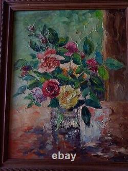 Tableau ancien huile bouquet de roses XX