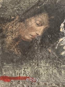 Tableau ancien huile composition mixte sculpture boulons femme mélancolie signé