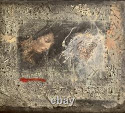 Tableau ancien huile composition mixte sculpture boulons femme mélancolie signé Tableau ancien huile composition mixte sculpture boulons femme mélancolie signé