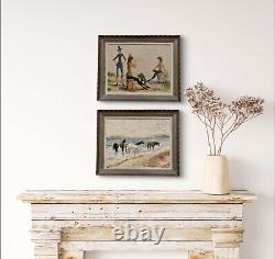 Tableau ancien huile double face paysage chevaux marine scène de genre singe sig
