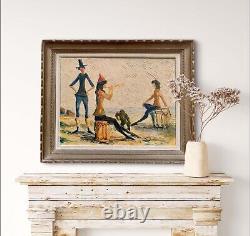 Tableau ancien huile double face paysage chevaux marine scène de genre singe sig