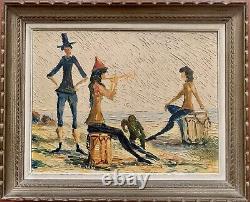 Tableau ancien huile double face paysage chevaux marine scène de genre singe sig