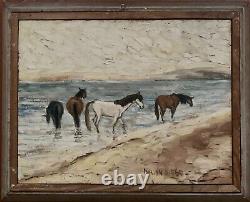 Tableau ancien huile double face paysage chevaux marine scène de genre singe sig