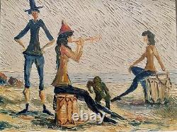 Tableau ancien huile double face paysage chevaux marine scène de genre singe sig