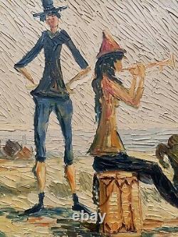 Tableau ancien huile double face paysage chevaux marine scène de genre singe sig
