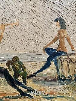 Tableau ancien huile double face paysage chevaux marine scène de genre singe sig
