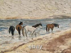 Tableau ancien huile double face paysage chevaux marine scène de genre singe sig