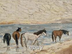 Tableau ancien huile double face paysage chevaux marine scène de genre singe sig