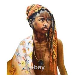 Tableau ancien huile orientaliste portrait jeune fille africaniste traditionnel