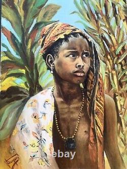 Tableau ancien huile orientaliste portrait jeune fille africaniste traditionnel