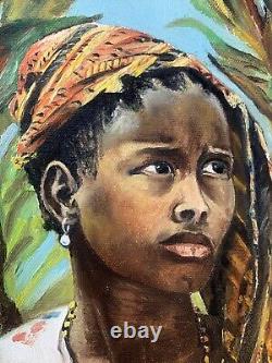Tableau ancien huile orientaliste portrait jeune fille africaniste traditionnel