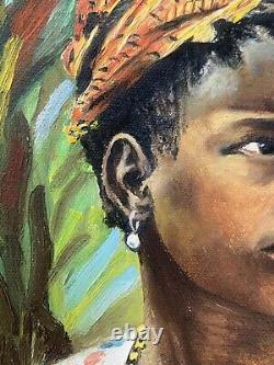 Tableau ancien huile orientaliste portrait jeune fille africaniste traditionnel