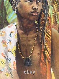 Tableau ancien huile orientaliste portrait jeune fille africaniste traditionnel