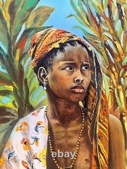 Tableau ancien huile orientaliste portrait jeune fille africaniste traditionnel