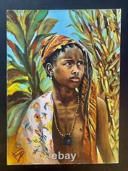 Tableau ancien huile orientaliste portrait jeune fille africaniste traditionnel