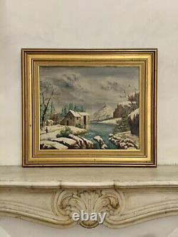 Tableau ancien huile paysage animé enneigé montagne lac G Caldessaigues (Basque)