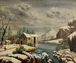 Tableau ancien huile paysage animé enneigé montagne lac G Caldessaigues (Basque)