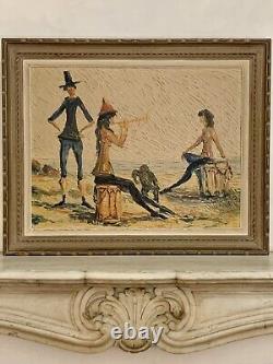 Tableau ancien huile paysage chevaux Camargue scène de genre Circky Forains