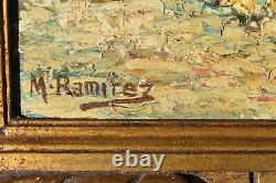 Tableau ancien huile paysage marin bateaux pêcheurs signé Ramirz début XXème