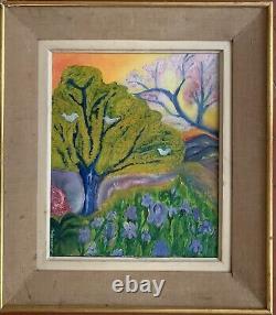 Tableau ancien huile paysage printemps Bormes-les-Mimosas fauvisme Naif signé