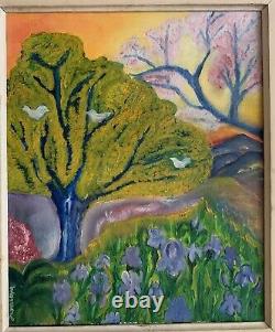 Tableau ancien huile paysage printemps Bormes-les-Mimosas fauvisme Naif signé