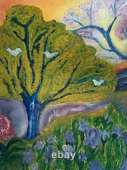 Tableau ancien huile paysage printemps Bormes-les-Mimosas fauvisme Naif signé