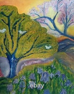 Tableau ancien huile paysage printemps Bormes-les-Mimosas fauvisme Naif signé