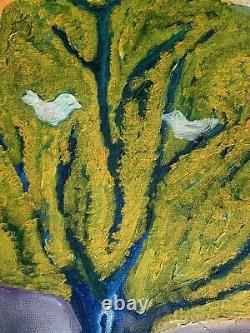 Tableau ancien huile paysage printemps Bormes-les-Mimosas fauvisme Naif signé