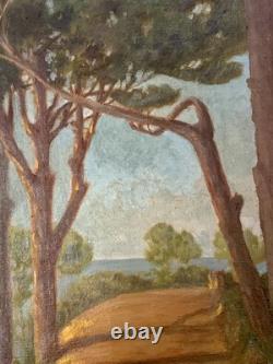 Tableau ancien huile paysage sentier chemin bord de mer pinède signé V. Manago
