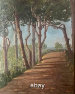 Tableau ancien huile paysage sentier chemin bord de mer pinède signé V. Manago