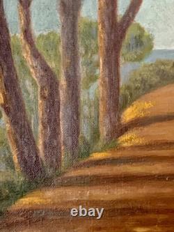 Tableau ancien huile paysage sentier chemin bord de mer pinède signé V. Manago
