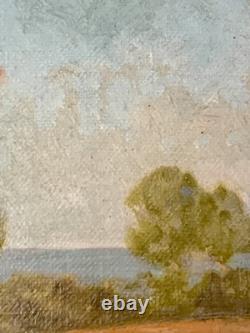 Tableau ancien huile paysage sentier chemin bord de mer pinède signé V. Manago