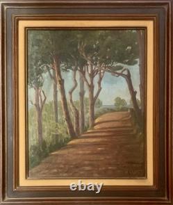 Tableau ancien huile paysage sentier chemin bord de mer pinède signé V. Manago