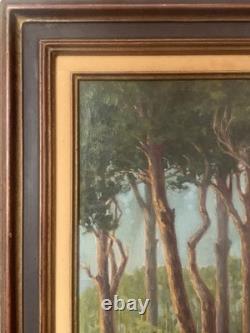 Tableau ancien huile paysage sentier chemin bord de mer pinède signé V. Manago