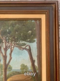 Tableau ancien huile paysage sentier chemin bord de mer pinède signé V. Manago