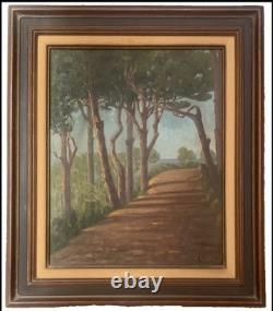 Tableau ancien huile paysage sentier chemin bord de mer pinède signé V. Manago