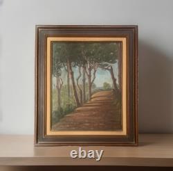 Tableau ancien huile paysage sentier chemin bord de mer pinède signé V. Manago