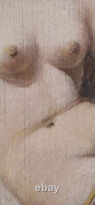 Tableau ancien huile portait jeune femme nue assise tenant épine de blé champs