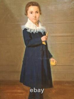 Tableau ancien huile portrait en pied enfant au bilboquet époque XIXème