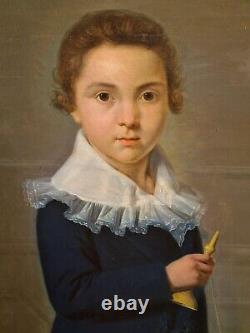 Tableau ancien huile portrait en pied enfant au bilboquet époque XIXème