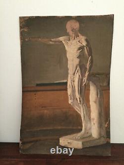 Tableau ancien huile sur carton épais INCONNU (XIXe-s) statue