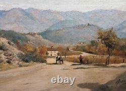 Tableau ancien huile sur panneau PAYSAGE MONTAGNE signé