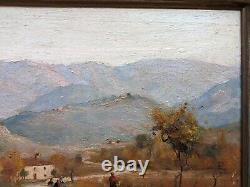 Tableau ancien huile sur panneau PAYSAGE MONTAGNE signé