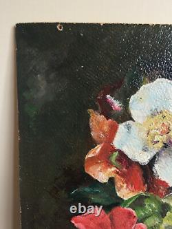 Tableau ancien huile sur panneau à définir (XIXe-s) nature morte aux fleurs