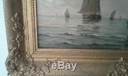 Tableau ancien huile sur panneau bateaux de peche 19 ème signé
