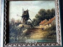 Tableau ancien huile sur panneau bois paysage et moulin école hollandaise XIXe