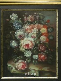 Tableau ancien huile sur panneau bouquet de fleurs signé BRUNEL