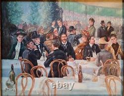 Tableau ancien, huile sur panneau déjeuner dans une guinguette