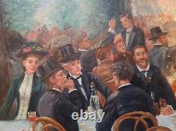 Tableau ancien, huile sur panneau déjeuner dans une guinguette