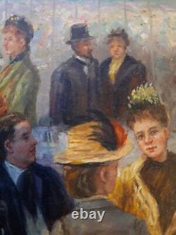 Tableau ancien, huile sur panneau déjeuner dans une guinguette